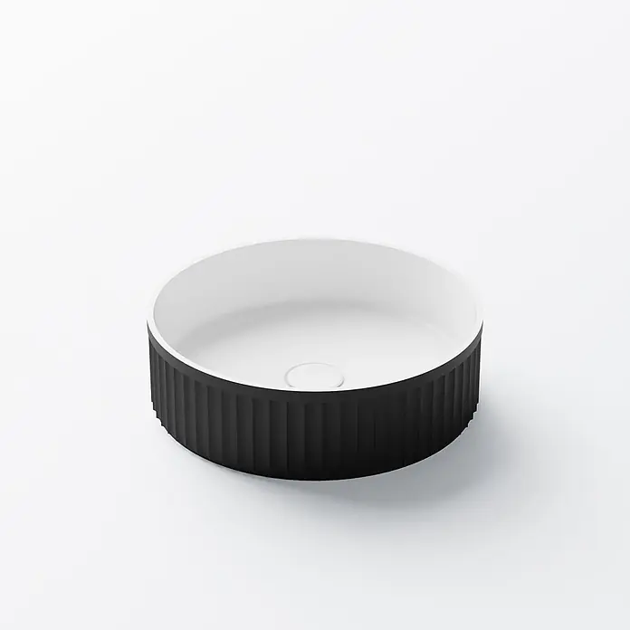 Vola Waschtisch - 0 x 0 cm - Rundes schwarz-weißes Waschbecken mit geriffelter Außenseite, ideal für moderne Bäder.