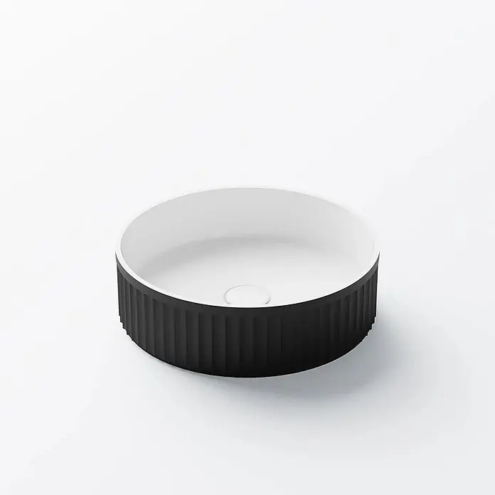 Vola Waschtisch - 0 x 0 cm - Runde, schwarz geriffelte Waschtischschale mit weißer Innenseite und mittigem Abfluss.