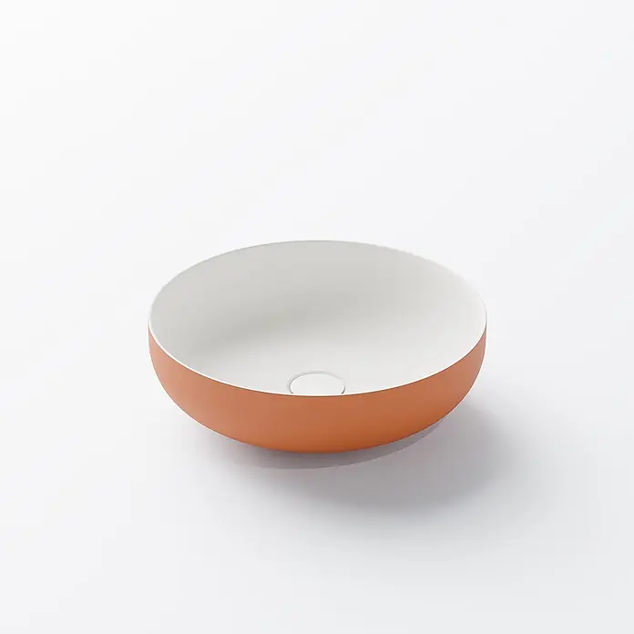 Vola Waschtisch - 0 x 0 cm - Zweifarbiger runder Waschtisch: matte Terrakotta-Außenseite, weiße Innenseite, mit Mittelablauf.