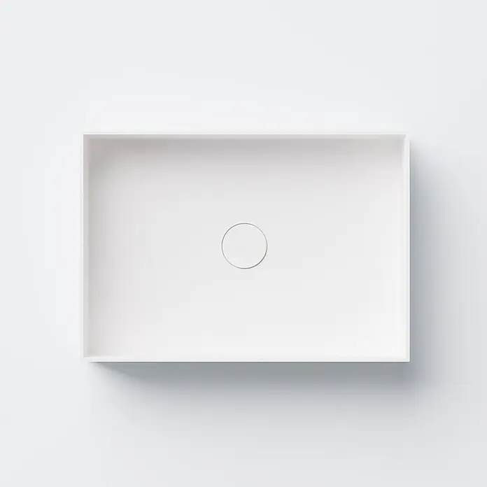 Vola Waschtisch - 0 x 0 cm - Weißes rechteckiges Waschbecken mit einem zentralen runden Abfluss.