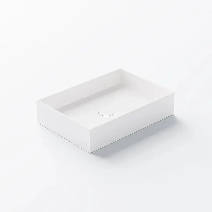 Vola Waschtisch - 0 x 0 cm - Schlichtes weißes rechteckiges Aufsatzwaschbecken mit zentralem Ablauf.