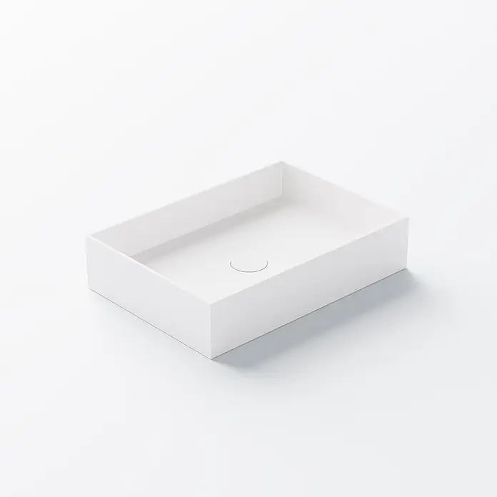 Vola Waschtisch - 0 x 0 cm - Weißes rechteckiges Mineralguss-Waschbecken mit zentralem Ablauf.