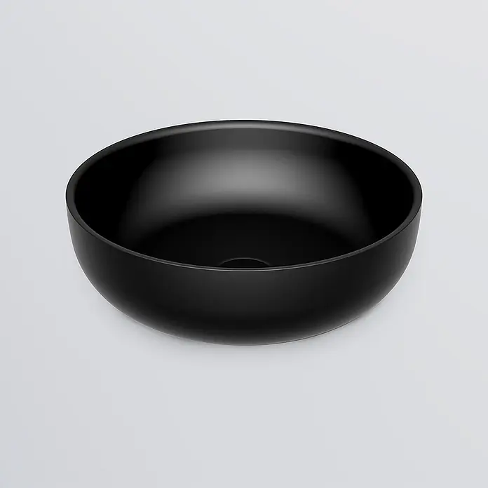 Vola Waschtisch - 0 x 0 cm - Glänzend schwarzes rundes Aufsatzwaschbecken mit mittigem Abflussloch.
