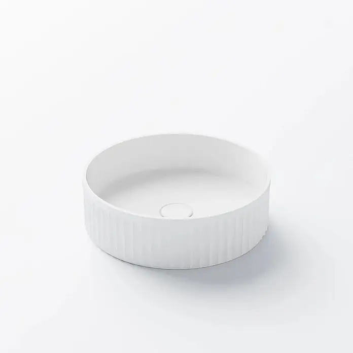 Vola Waschtisch - 0 x 0 cm - Weißes, geriffeltes, rundes Aufsatzwaschbecken mit sichtbarem Abfluss.