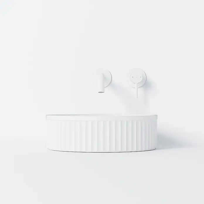 Vola Waschtisch - 0 x 0 cm - Weißes, rundes, geriffeltes Waschbecken mit wandmontiertem Wasserhahn und Regler.