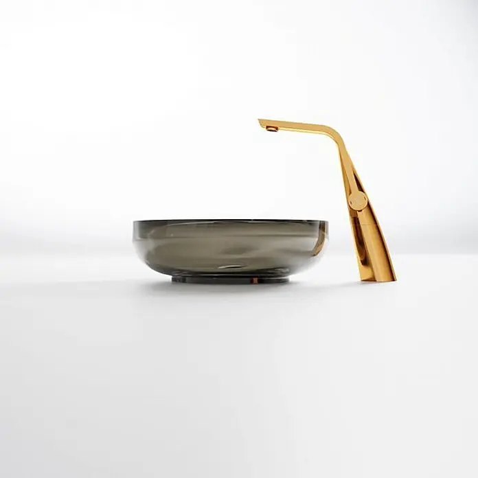 Vola Waschtisch - 0 x 0 cm - Moderner goldener Wasserhahn mit dunklem Rauchglas-Waschbecken.