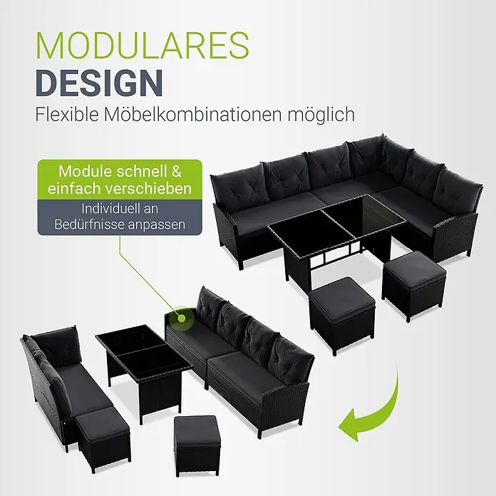 Juskys Loungemöbel-Set Manacor - 5 -tlg., Gestell: Stahl, pulverbeschichtet; Geflecht: Polyrattan; Tischplatten: Sicherheitsglas; Sitzkissen: 100 % Schaumstoff; Bezüge: 100 % Polyester; Abdeckung: 420D Oxford-Gewebe (100 g/m²), PU-Beschichtung, Dunkelgrau - Modulares Outdoor-Rattanmöbel-Set in Schwarz mit schwarzen Kissen, in verschiedenen Anordnungen zur Veranschaulichung der Flexibilität.
