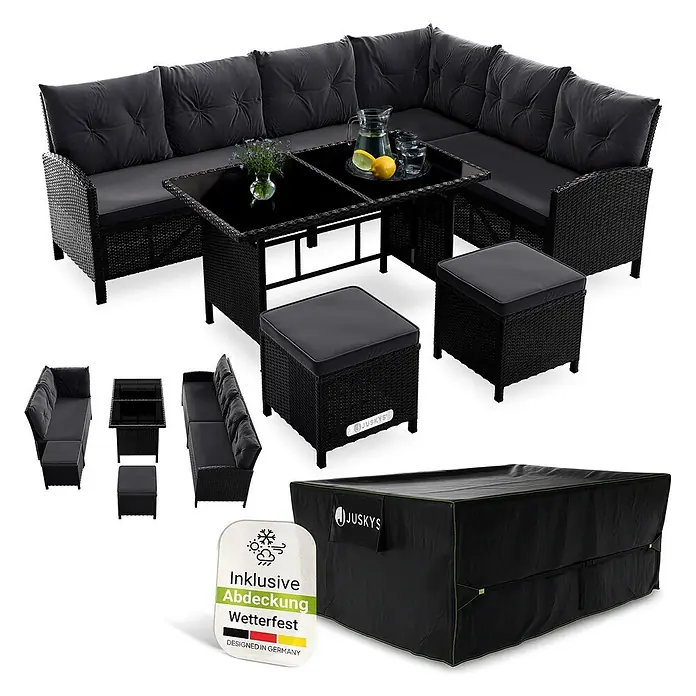 Juskys Loungemöbel-Set Manacor - 5 -tlg., Gestell: Stahl, pulverbeschichtet; Geflecht: Polyrattan; Tischplatten: Sicherheitsglas; Sitzkissen: 100 % Schaumstoff; Bezüge: 100 % Polyester; Abdeckung: 420D Oxford-Gewebe (100 g/m²), PU-Beschichtung, Dunkelgrau - Schwarze Polyrattan Gartenlounge mit dunkelgrauen Kissen, Glastisch, zwei Hockern und wetterfester Schutzhülle.