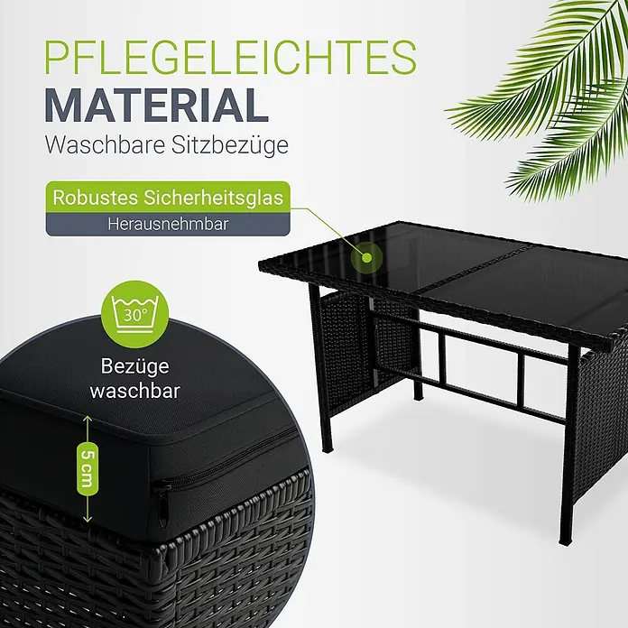 Juskys Loungemöbel-Set Manacor - 5 -tlg., Gestell: Stahl, pulverbeschichtet; Geflecht: Polyrattan; Tischplatten: Sicherheitsglas; Sitzkissen: 100 % Schaumstoff; Bezüge: 100 % Polyester; Abdeckung: 420D Oxford-Gewebe (100 g/m²), PU-Beschichtung, Dunkelgrau - Schwarzer Garten-Rattantisch mit Glasplatte und Kissen mit waschbaren Bezügen. Pflegeleichtes Material und robustes Sicherheitsglas.