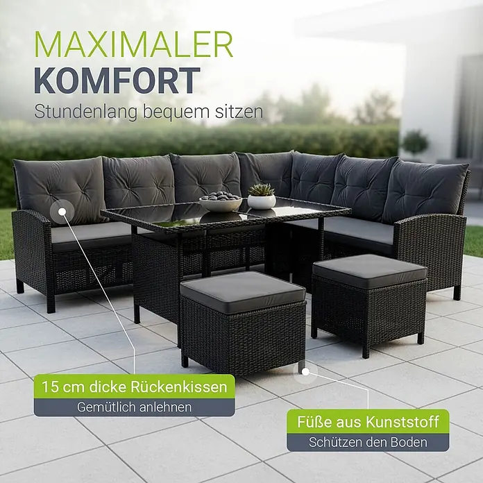 Juskys Loungemöbel-Set Manacor - 5 -tlg., Gestell: Stahl, pulverbeschichtet; Geflecht: Polyrattan; Tischplatten: Sicherheitsglas; Sitzkissen: 100 % Schaumstoff; Bezüge: 100 % Polyester; Abdeckung: 420D Oxford-Gewebe (100 g/m²), PU-Beschichtung, Dunkelgrau - Dunkelgraue Rattan-Garnitur mit 15cm dicken Kissen, Glastisch und Kunststofffüßen.