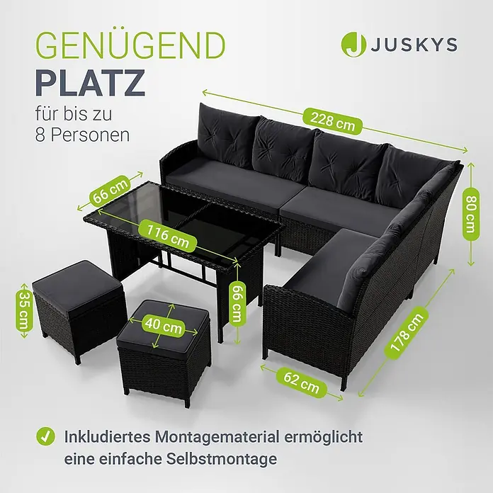 Juskys Loungemöbel-Set Manacor - 5 -tlg., Gestell: Stahl, pulverbeschichtet; Geflecht: Polyrattan; Tischplatten: Sicherheitsglas; Sitzkissen: 100 % Schaumstoff; Bezüge: 100 % Polyester; Abdeckung: 420D Oxford-Gewebe (100 g/m²), PU-Beschichtung, Dunkelgrau - Dunkles Rattan-Gartenlounge-Set mit Ecksofa, Tisch und zwei Hockern für bis zu 8 Personen, mit dunklen Kissen.