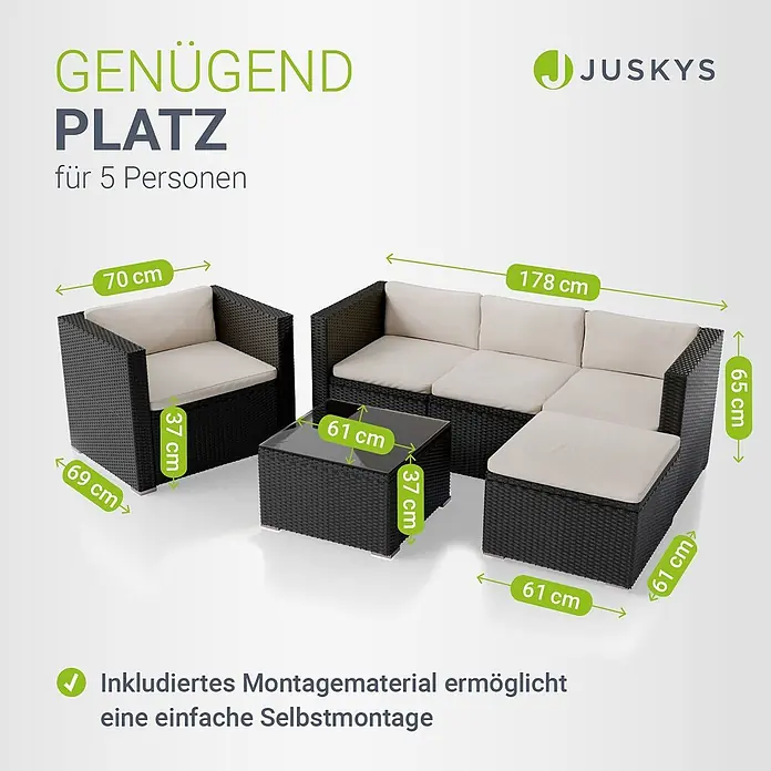 Juskys Loungemöbel-Set Punta Cana - 5 -tlg., Gestell: Stahl, pulverbeschichtet; Geflecht: Polyrattan; Sitz- und Rückenkissen: Polyester, Schaumstoff; Glasplatte: Sicherheitsglas; Abdeckung: 420D Oxford-Gewebe (100 g/m²), PU-Beschichtung, Schwarz - Schwarzes Rattan-Lounge-Set mit beigen Kissen für 5 Personen, bestehend aus Sessel, Sofa, Hocker und Tisch.