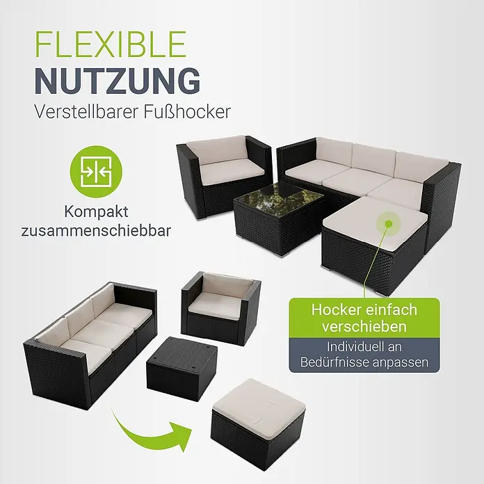 Juskys Loungemöbel-Set Punta Cana - 5 -tlg., Gestell: Stahl, pulverbeschichtet; Geflecht: Polyrattan; Sitz- und Rückenkissen: Polyester, Schaumstoff; Glasplatte: Sicherheitsglas; Abdeckung: 420D Oxford-Gewebe (100 g/m²), PU-Beschichtung, Schwarz - Schwarzes Rattan-Lounge-Set mit beigen Kissen, das flexible Anordnung und einen verstellbaren Hocker zeigt.