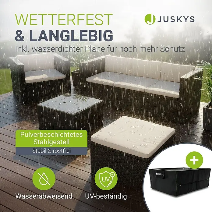 Juskys Loungemöbel-Set Punta Cana - 5 -tlg., Gestell: Stahl, pulverbeschichtet; Geflecht: Polyrattan; Sitz- und Rückenkissen: Polyester, Schaumstoff; Glasplatte: Sicherheitsglas; Abdeckung: 420D Oxford-Gewebe (100 g/m²), PU-Beschichtung, Schwarz - Dunkelbraune Rattan Lounge-Garnitur mit hellen Kissen und pulverbeschichtetem Stahlgestell, wetter- und UV-beständig, inklusive wasserdichter Abdeckplane.