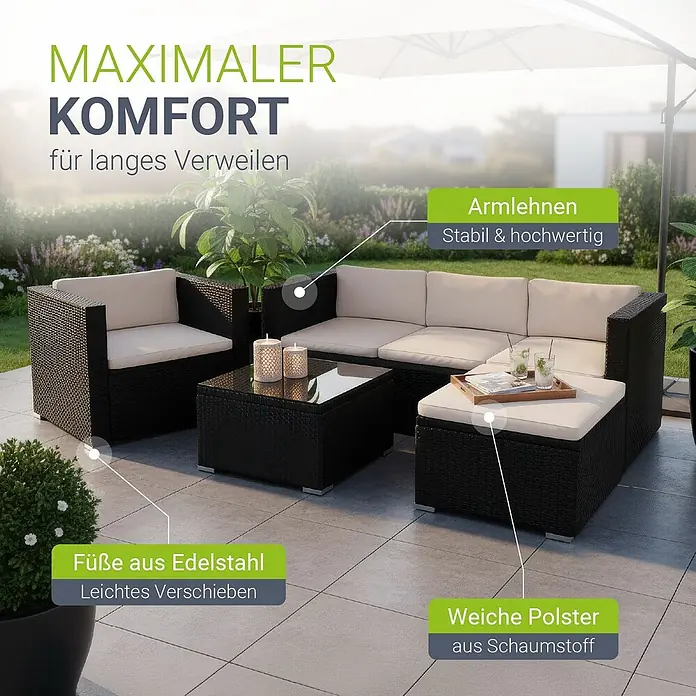 Juskys Loungemöbel-Set Punta Cana - 5 -tlg., Gestell: Stahl, pulverbeschichtet; Geflecht: Polyrattan; Sitz- und Rückenkissen: Polyester, Schaumstoff; Glasplatte: Sicherheitsglas; Abdeckung: 420D Oxford-Gewebe (100 g/m²), PU-Beschichtung, Schwarz - Dunkles Geflecht-Loungeset mit hellbeigen Kissen auf einer Terrasse. Mit Edelstahlfüßen und weichen Schaumstoffpolstern.