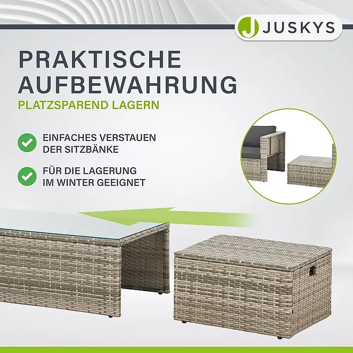 Juskys Loungemöbel-Set Salou - 7 -tlg., Möbel: Polyrattan, Stahl (pulverbeschichtet); Tischplatte: Gehärtetes Glas; Bezug: 100% Polyestergewebe 180 g/m131; Abdeckung: 420D Oxford-Gewebe (100 g/m²), PU-Beschichtung, Grau - Graue Polyrattan-Gartenmöbel mit Glastisch und Stauraumbox zum platzsparenden Verstauen, auch für Winterlagerung geeignet.