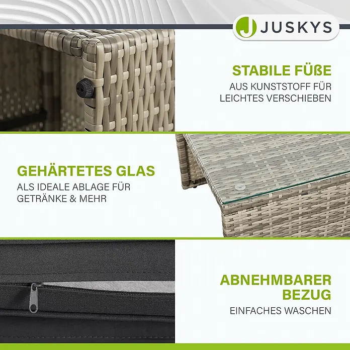 Juskys Loungemöbel-Set Salou - 7 -tlg., Möbel: Polyrattan, Stahl (pulverbeschichtet); Tischplatte: Gehärtetes Glas; Bezug: 100% Polyestergewebe 180 g/m131; Abdeckung: 420D Oxford-Gewebe (100 g/m²), PU-Beschichtung, Grau - Nahaufnahme von hellgrauen Polyrattan-Gartenmöbeln mit stabilen Füßen, gehärteter Glasplatte und abnehmbarem Kissenbezug.