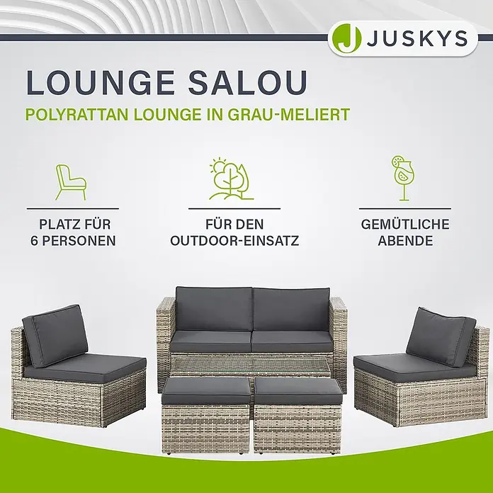 Juskys Loungemöbel-Set Salou - 7 -tlg., Möbel: Polyrattan, Stahl (pulverbeschichtet); Tischplatte: Gehärtetes Glas; Bezug: 100% Polyestergewebe 180 g/m131; Abdeckung: 420D Oxford-Gewebe (100 g/m²), PU-Beschichtung, Grau - Polyrattan-Lounge-Set 'Salou' in Grau-meliert für 6 Personen, geeignet für den Außenbereich.