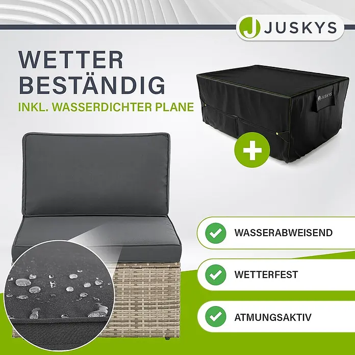 Juskys Loungemöbel-Set Salou - 7 -tlg., Möbel: Polyrattan, Stahl (pulverbeschichtet); Tischplatte: Gehärtetes Glas; Bezug: 100% Polyestergewebe 180 g/m131; Abdeckung: 420D Oxford-Gewebe (100 g/m²), PU-Beschichtung, Grau - Dunkelgraue Outdoor-Sitzkissen und eine schwarze, wetterbeständige Schutzhülle für Gartenmöbel. Wasserabweisend und atmungsaktiv.
