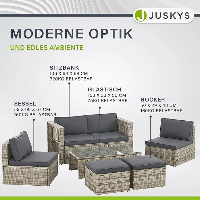 Juskys Loungemöbel-Set Salou - 7 -tlg., Möbel: Polyrattan, Stahl (pulverbeschichtet); Tischplatte: Gehärtetes Glas; Bezug: 100% Polyestergewebe 180 g/m131; Abdeckung: 420D Oxford-Gewebe (100 g/m²), PU-Beschichtung, Grau - Graue Rattan-Gartenmöbelgarnitur mit dunklen Kissen: ein 2-Sitzer Sofa, Sessel, Glastisch und zwei Hocker.