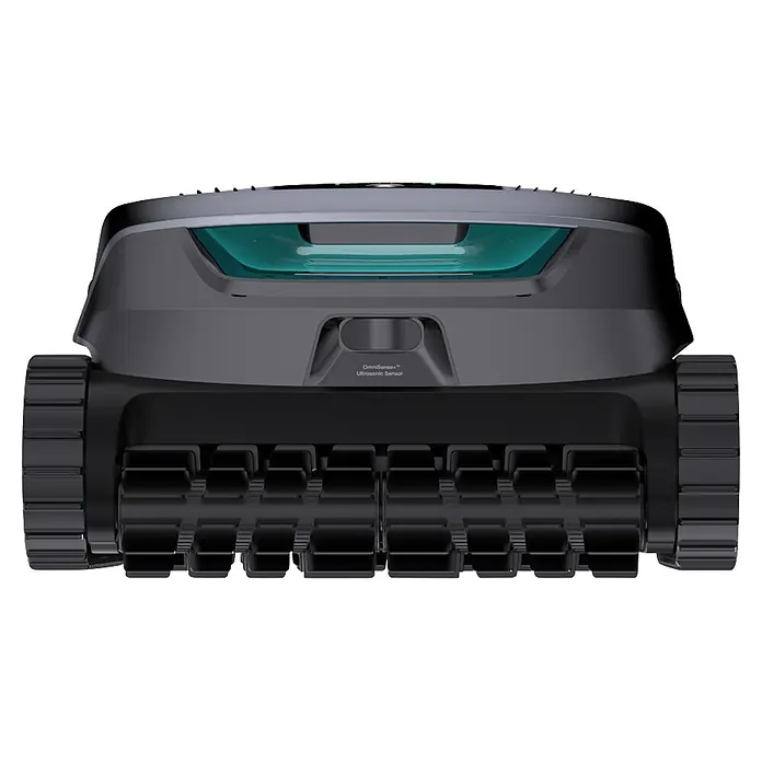 Aiper Poolroboter Scuba X1 Pro - Akkubetrieben, Passend für: Eingelassene Pools bis ca. 200 m² / 2.150 sq.ft; Beton, Fliesen, Folie/Liner, Fiberglas, Filterleistung: 25.200 l/h - Frontansicht eines dunkelgrauen Roboter-Poolreinigers mit robusten Raupen und OmniSense™ Ultraschallsensor für die automatische Poolreinigung.
