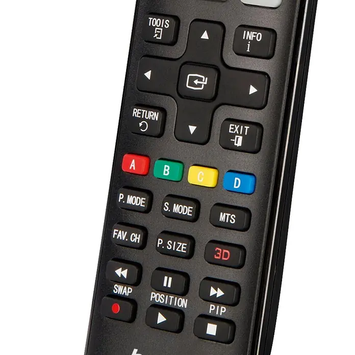 Hama Universal-Fernbedienung für Samsung TVs - Schwarz - Schwarze Kunststoff-Fernbedienung mit verschiedenen Funktionstasten, Richtungspad und farbigen A-, B-, C-, D-Tasten.