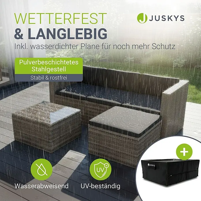 Juskys Loungemöbel-Set Punta Cana - 4 -tlg., Gestell: Stahl, pulverbeschichtet; Geflecht: Polyrattan; Sitz- und Rückenkissen: Polyester, Schaumstoff; Glasplatte: Sicherheitsglas; Abdeckung: 420D Oxford-Gewebe (100 g/m²), PU-Beschichtung, Grau - Wetterfeste Outdoor-Loungegruppe mit Sofa, Tisch, Hocker, im Regen gezeigt. Inkl. Schutzhülle und pulverbeschichtetem Stahlgestell.