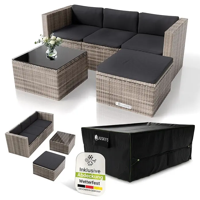 Juskys Loungemöbel-Set Punta Cana - 4 -tlg., Gestell: Stahl, pulverbeschichtet; Geflecht: Polyrattan; Sitz- und Rückenkissen: Polyester, Schaumstoff; Glasplatte: Sicherheitsglas; Abdeckung: 420D Oxford-Gewebe (100 g/m²), PU-Beschichtung, Grau - Graues Polyrattan Outdoor-Lounge-Set mit dunklen Kissen, Glastisch, Hocker und wetterfester Schutzhülle.