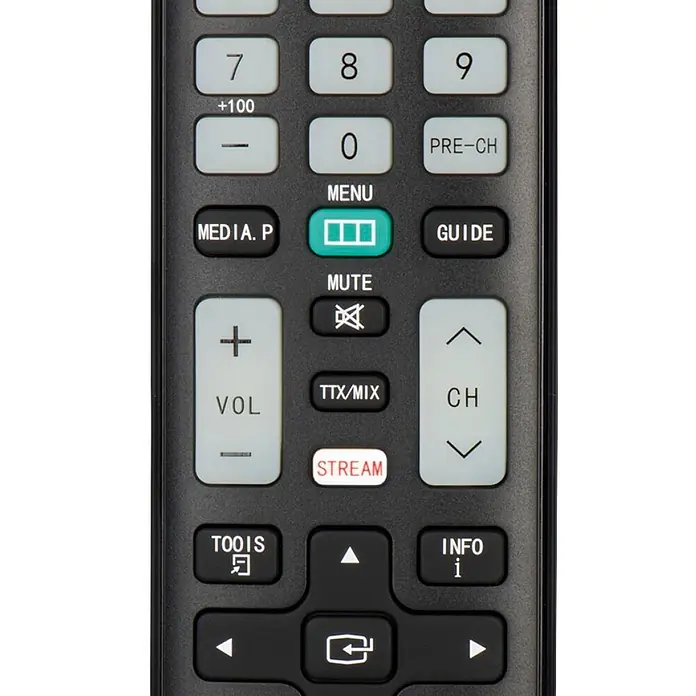 Hama Universal-Fernbedienung für Samsung TVs - Schwarz - Schwarze TV-Fernbedienung mit weißen und türkisfarbenen Tasten für Kanal-, Lautstärke- und Menüfunktionen.