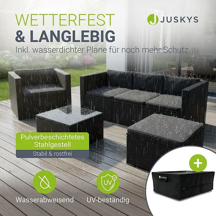 Juskys Loungemöbel-Set Punta Cana - 5 -tlg., Gestell: Stahl, pulverbeschichtet; Geflecht: Polyrattan; Sitz- und Rückenkissen: Polyester, Schaumstoff; Glasplatte: Sicherheitsglas; Abdeckung: 420D Oxford-Gewebe (100 g/m²), PU-Beschichtung, Creme - Schwarze Rattan-Gartenlounge mit grauen Kissen und Schutzhülle, bei Regen zur Betonung der Wetterfestigkeit und Langlebigkeit dargestellt.