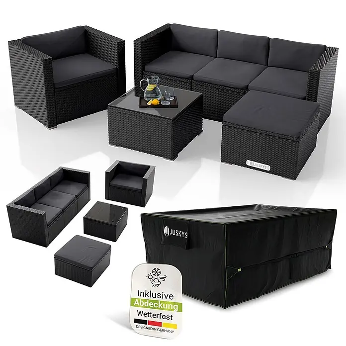 Juskys Loungemöbel-Set Punta Cana - 5 -tlg., Gestell: Stahl, pulverbeschichtet; Geflecht: Polyrattan; Sitz- und Rückenkissen: Polyester, Schaumstoff; Glasplatte: Sicherheitsglas; Abdeckung: 420D Oxford-Gewebe (100 g/m²), PU-Beschichtung, Creme - Schwarzes Rattan-Gartenlounge-Set mit grauen Polstern, einem Couchtisch und einer wetterfesten Schutzhülle.