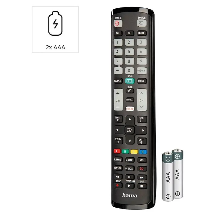 Hama Universal-Fernbedienung für Samsung TVs - Schwarz - Schwarze Hama TV-Fernbedienung mit verschiedenen Funktionstasten, abgebildet mit zwei AAA-Batterien.