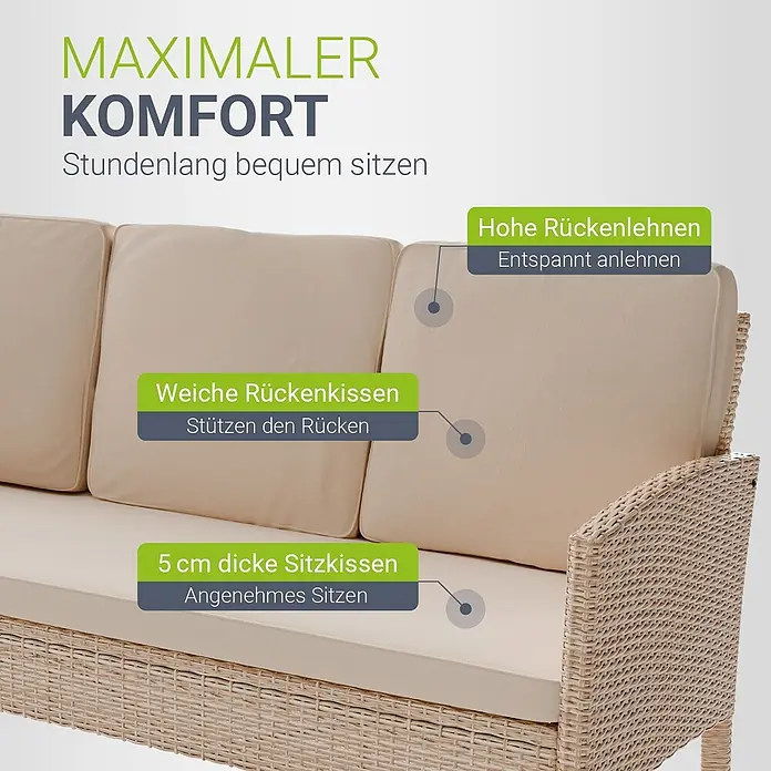 Juskys Loungemöbel-Set Turin - 6 -tlg., Geflecht: Polyrattan; Tischplatte: Gehärtetes Glas; Gestell: Stahl; Bezüge: 100 % Polyester; Polster: 80 % Schaumstoff, 20 % Weichfasern, Creme - Rattan-Sofa-Teil mit beigefarbenen Kissen, hohen Rückenlehnen, weichen Rückenkissen und 5 cm dicken Sitzkissen für maximalen Komfort.