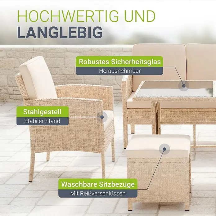 Juskys Loungemöbel-Set Turin - 6 -tlg., Geflecht: Polyrattan; Tischplatte: Gehärtetes Glas; Gestell: Stahl; Bezüge: 100 % Polyester; Polster: 80 % Schaumstoff, 20 % Weichfasern, Creme - Beige Rattan-Sitzgruppe für den Außenbereich mit hellen Kissen und Glastisch auf einer Terrasse. Mit Stahlgestell, Sicherheitsglas und waschbaren Bezügen.