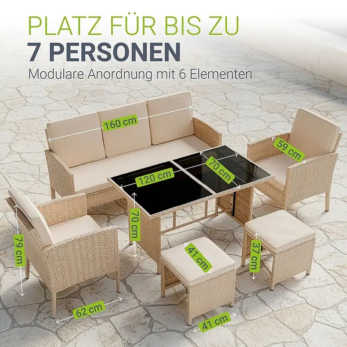 Juskys Loungemöbel-Set Turin - 6 -tlg., Geflecht: Polyrattan; Tischplatte: Gehärtetes Glas; Gestell: Stahl; Bezüge: 100 % Polyester; Polster: 80 % Schaumstoff, 20 % Weichfasern, Creme - Helles beiges Rattan-Lounge-Set für 7: Sofa, Sessel, Hocker, Glastisch. Maße angegeben.