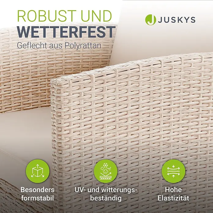 Juskys Loungemöbel-Set Turin - 6 -tlg., Geflecht: Polyrattan; Tischplatte: Gehärtetes Glas; Gestell: Stahl; Bezüge: 100 % Polyester; Polster: 80 % Schaumstoff, 20 % Weichfasern, Creme - Heller, robuster Polyrattan-Gartensessel mit Kissen, wetterfest.