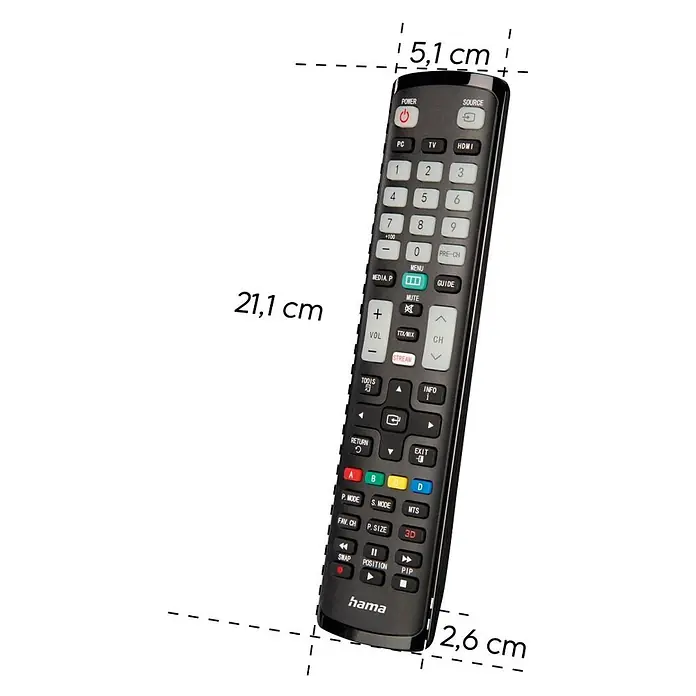 Hama Universal-Fernbedienung für Samsung TVs - Schwarz - Schwarze Hama Fernbedienung, 21,1 cm lang, 5,1 cm breit, 2,6 cm tief, mit Tasten für TV, Medien und Navigation.