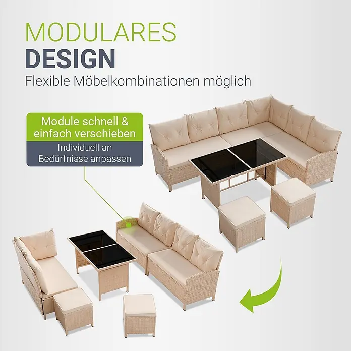 Juskys Loungemöbel-Set Manacor - 4 -tlg., Gestell: Stahl, pulverbeschichtet; Geflecht: Polyrattan; Tischplatten: Sicherheitsglas; Sitzkissen: 100 % Schaumstoff; Bezüge: 100 % Polyester, Beige - Beiges modulares Gartenmöbelset aus Polyrattan mit Kissen und schwarzen Glastischen, flexibel anpassbar.
