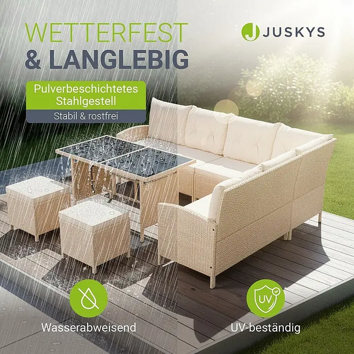 Juskys Loungemöbel-Set Manacor - 4 -tlg., Gestell: Stahl, pulverbeschichtet; Geflecht: Polyrattan; Tischplatten: Sicherheitsglas; Sitzkissen: 100 % Schaumstoff; Bezüge: 100 % Polyester, Beige - Beige Polyrattan Outdoor-Loungegruppe auf einer Terrasse, die ihre wetterfesten, wasserabweisenden und UV-beständigen Eigenschaften zeigt.
