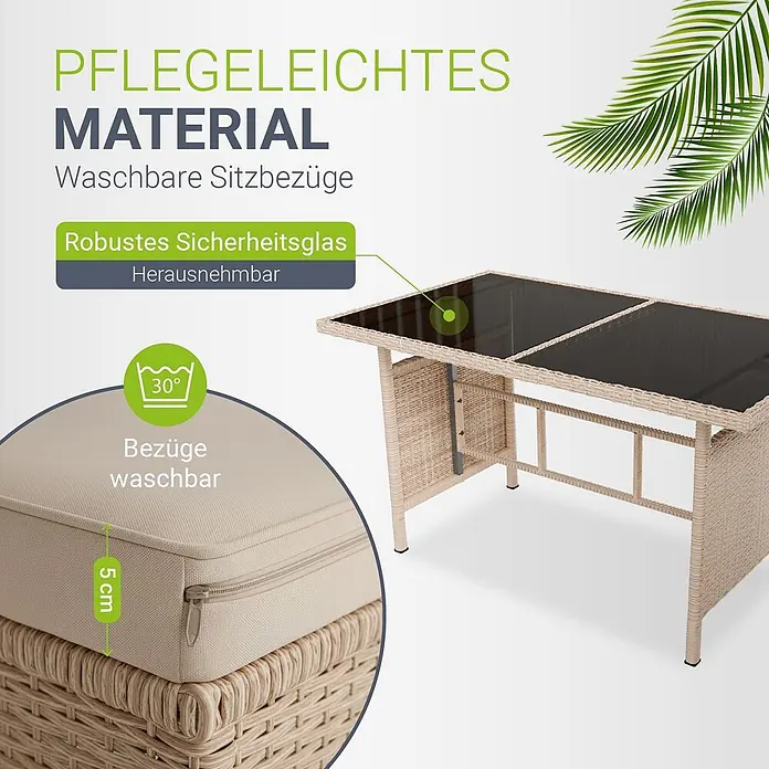 Juskys Loungemöbel-Set Manacor - 4 -tlg., Gestell: Stahl, pulverbeschichtet; Geflecht: Polyrattan; Tischplatten: Sicherheitsglas; Sitzkissen: 100 % Schaumstoff; Bezüge: 100 % Polyester, Beige - Beiger Rattan-Optik Gartentisch mit dunkler Glasplatte. Mit 5 cm dicken, waschbaren beigen Kissen.