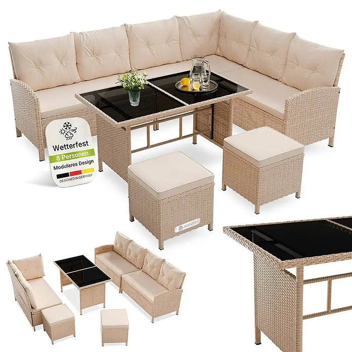 Juskys Loungemöbel-Set Manacor - 4 -tlg., Gestell: Stahl, pulverbeschichtet; Geflecht: Polyrattan; Tischplatten: Sicherheitsglas; Sitzkissen: 100 % Schaumstoff; Bezüge: 100 % Polyester, Beige - Beige Polyrattan Gartenlounge mit cremefarbenen Kissen, schwarzem Glastisch und Hockern. Wetterfest für 8 Personen.