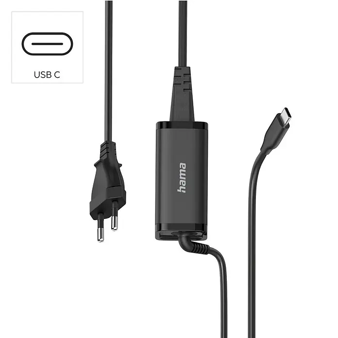 Hama Ladegerät 00200022 GaN Power Delivery (PD) 5-20V/45W - Schwarz - Schwarzes Hama USB-C Ladegerät mit europäischem Stecker. Eine Grafik zeigt den USB-C Anschluss.