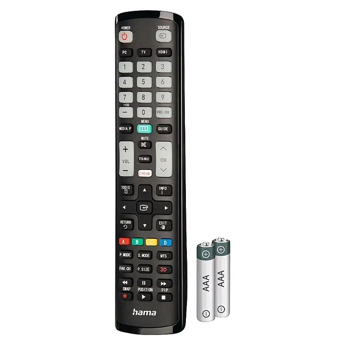 Hama Universal-Fernbedienung für Samsung TVs - Schwarz - Schwarze Fernbedienung mit Tasten, daneben zwei AAA-Batterien.