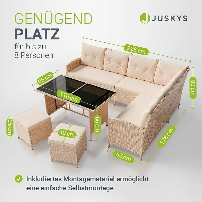 Juskys Loungemöbel-Set Manacor - 4 -tlg., Gestell: Stahl, pulverbeschichtet; Geflecht: Polyrattan; Tischplatten: Sicherheitsglas; Sitzkissen: 100 % Schaumstoff; Bezüge: 100 % Polyester, Beige - Beiges Rattan-Gartenlounge-Set für 8 Personen mit Ecksofa, Tisch und zwei Hockern. Inklusive Kissen.