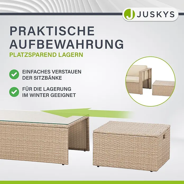 Juskys Loungemöbel-Set Salou - 7 -tlg., Möbel: Polyrattan, Stahl (pulverbeschichtet); Tischplatte: Gehärtetes Glas; Bezug: 100% Polyestergewebe 180 g/m131; Abdeckung: 420D Oxford-Gewebe (100 g/m²), PU-Beschichtung, Beige - Beiger geflochtener Rattan-Couchtisch und Aufbewahrungsbox für platzsparende Lagerung.