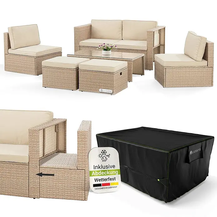Juskys Loungemöbel-Set Salou - 7 -tlg., Möbel: Polyrattan, Stahl (pulverbeschichtet); Tischplatte: Gehärtetes Glas; Bezug: 100% Polyestergewebe 180 g/m131; Abdeckung: 420D Oxford-Gewebe (100 g/m²), PU-Beschichtung, Beige - Beige Rattan-Gartenmöbel-Set mit Kissen, Glastisch und schwarzer Schutzhülle.