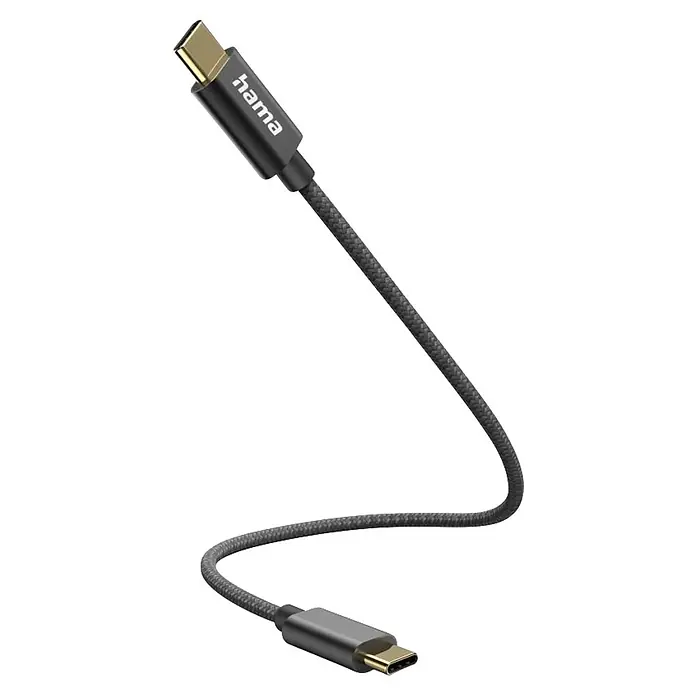 Hama USB-Kabel 00201604 USB-C - USB-C 0 Nylon 20 cm - Schwarz - Dunkelgraues geflochtenes USB-C zu USB-C Kabel mit goldfarbenen Anschlüssen, einer davon mit 'hama' Branding.