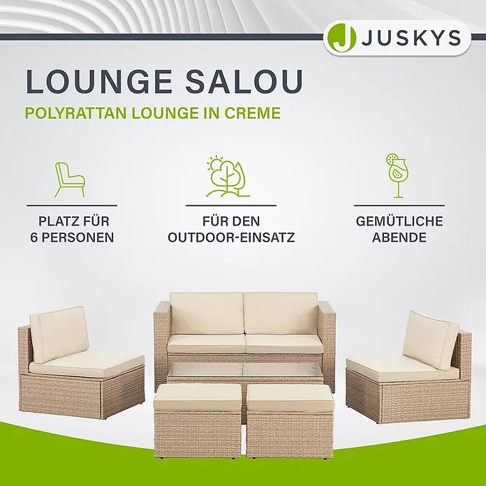 Juskys Loungemöbel-Set Salou - 7 -tlg., Möbel: Polyrattan, Stahl (pulverbeschichtet); Tischplatte: Gehärtetes Glas; Bezug: 100% Polyestergewebe 180 g/m131; Abdeckung: 420D Oxford-Gewebe (100 g/m²), PU-Beschichtung, Beige - Cremefarbene Polyrattan Lounge für 6 Personen, mit Sofa, Sesseln, Hockern und Tisch, für den Außenbereich.