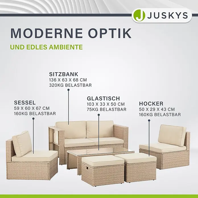 Juskys Loungemöbel-Set Salou - 7 -tlg., Möbel: Polyrattan, Stahl (pulverbeschichtet); Tischplatte: Gehärtetes Glas; Bezug: 100% Polyestergewebe 180 g/m131; Abdeckung: 420D Oxford-Gewebe (100 g/m²), PU-Beschichtung, Beige - Beige Rattan-Gartenmöbel-Set mit 2er-Sofa, zwei Sesseln, Glastisch und zwei Hockern mit cremefarbenen Kissen.
