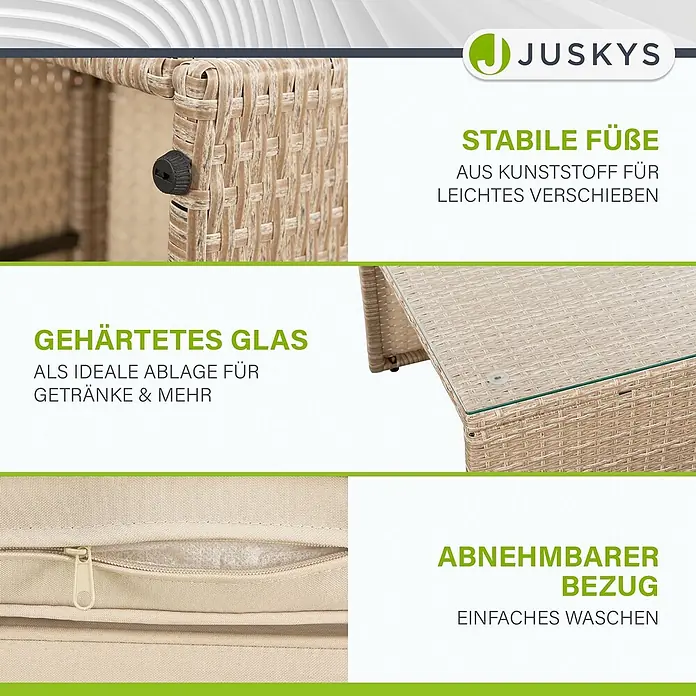 Juskys Loungemöbel-Set Salou - 7 -tlg., Möbel: Polyrattan, Stahl (pulverbeschichtet); Tischplatte: Gehärtetes Glas; Bezug: 100% Polyestergewebe 180 g/m131; Abdeckung: 420D Oxford-Gewebe (100 g/m²), PU-Beschichtung, Beige - Details von beigen Outdoor-Rattanmöbeln: Kunststofffüße, gehärtete Glasplatte und abnehmbarer Kissenbezug.